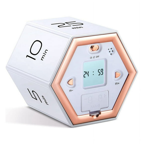 Hexagon Flip Timer with Mute & Alarm Function- Kitchen Timer Easy to Use -Time Management Pomodoro Timer for Kids White