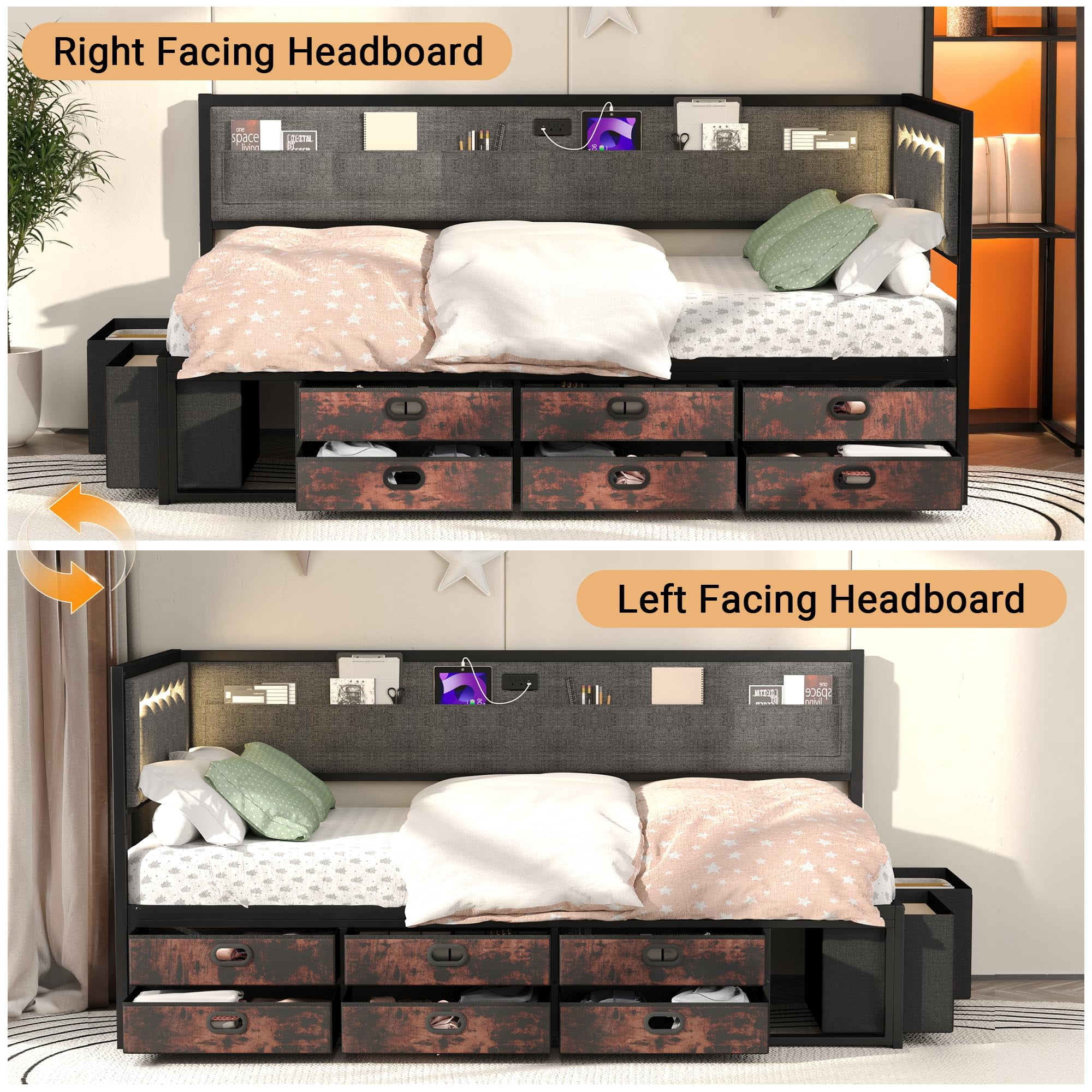 Miniyam Twin Daybed with Storage Drawers, Charging Station and LED Light, Reversible Upholstered Corner Bed Frame