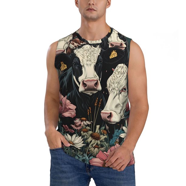 Balery Vintage Sunflower Cow Camisetas sin mangas para hombre, absorbe la humedad y protege contra el mal olor.-Large
