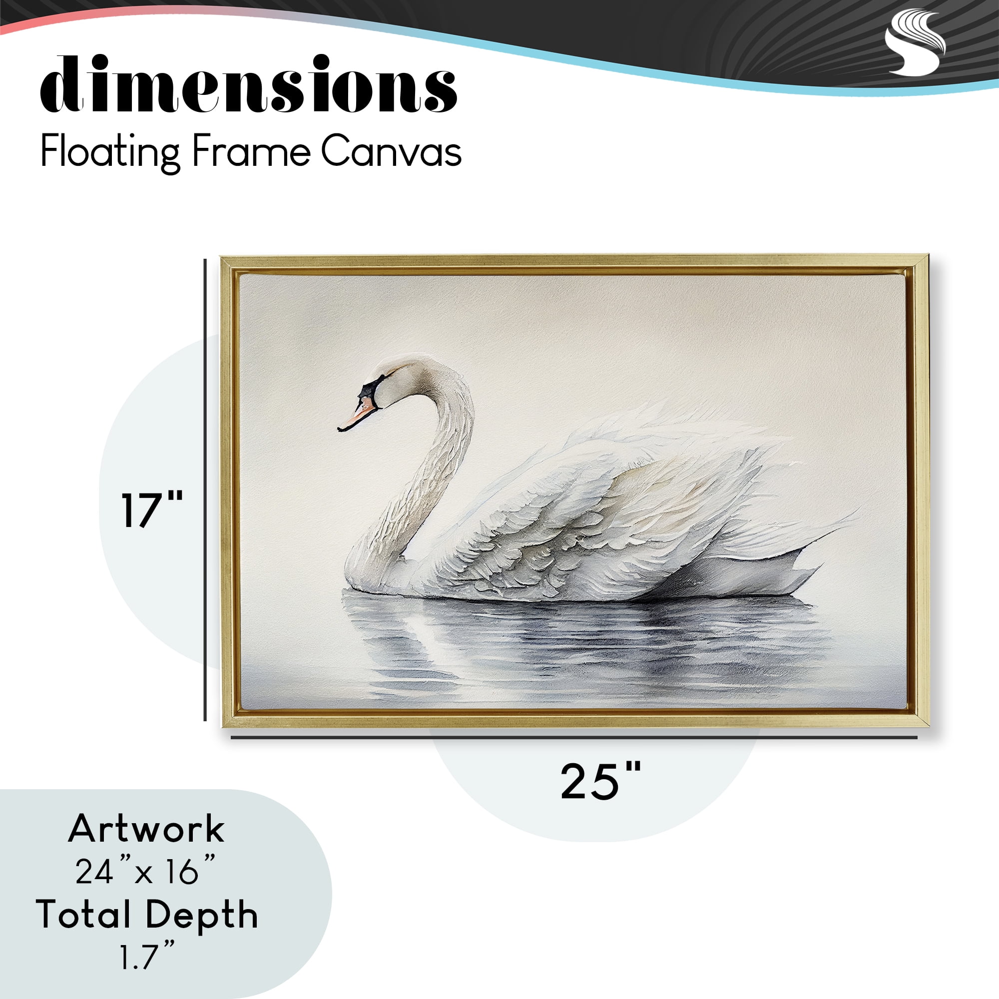 Elegant Floating Swan Gold Framed Floater Canvas Wall Art, design by Sasha
