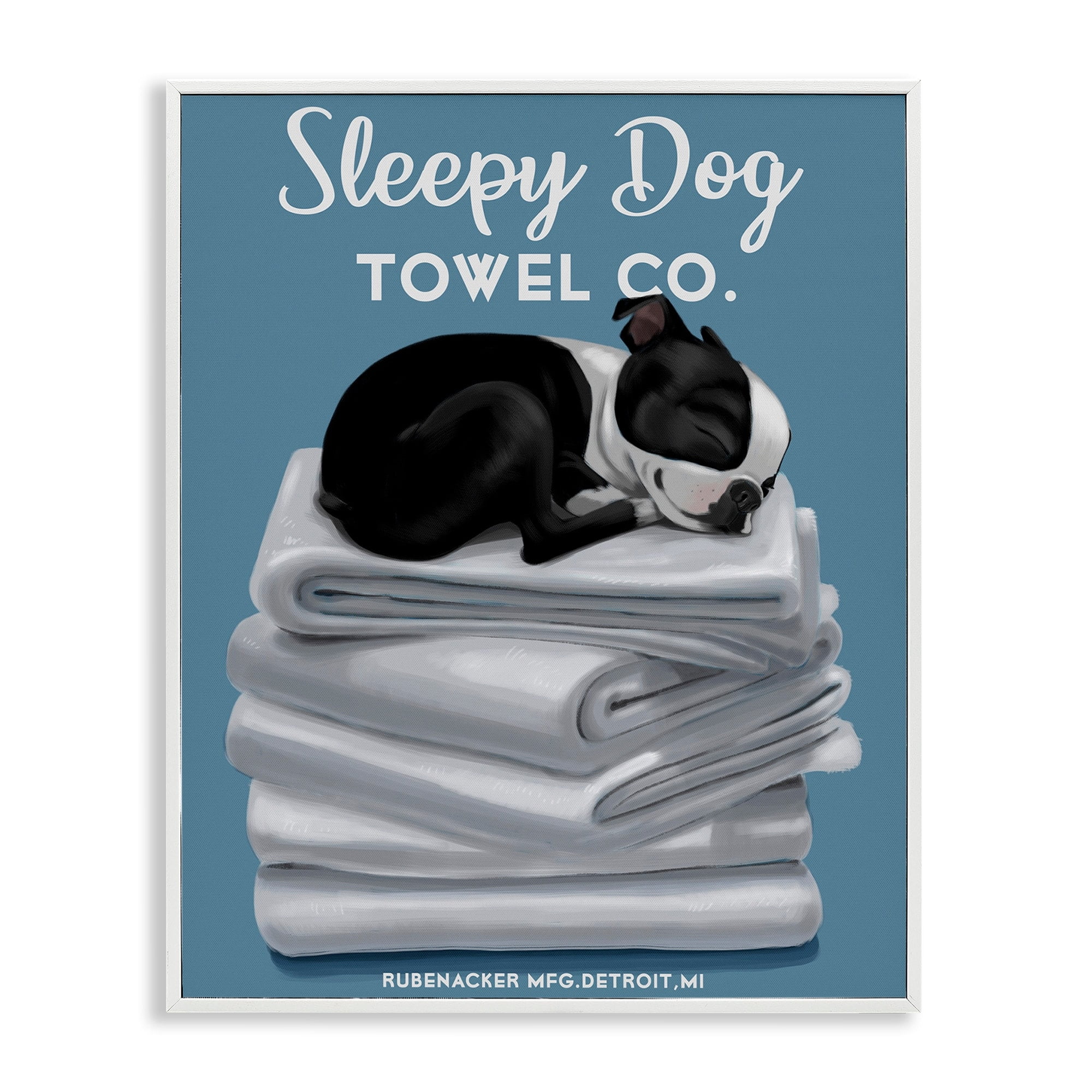 Stupell Industries Sleepy Dog Towel Co. Adorable Boston Terrier Bathroom, 11 x 14, Design by Brian Rubenacker