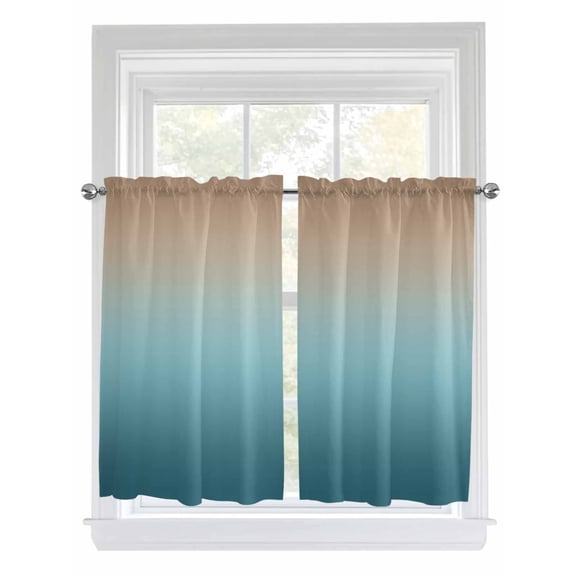 Tier Curtains 45 Inches Long, Navy Blue Brown Ombre Window Treatment Curtain Drapes, Teal Gradient Color Modern Abstract Art Small Curtain Drapes for Bathroom Laundry Room, 27.5"x45", 2 Panels