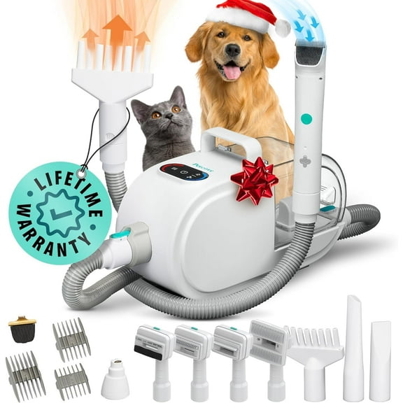 Petcove Furfluff 8-in-1 Dog Grooming Vacuum Kit with Hair Dryer – Low Noise Clipper, Brush, Comb & Cleaner for All Breeds - White