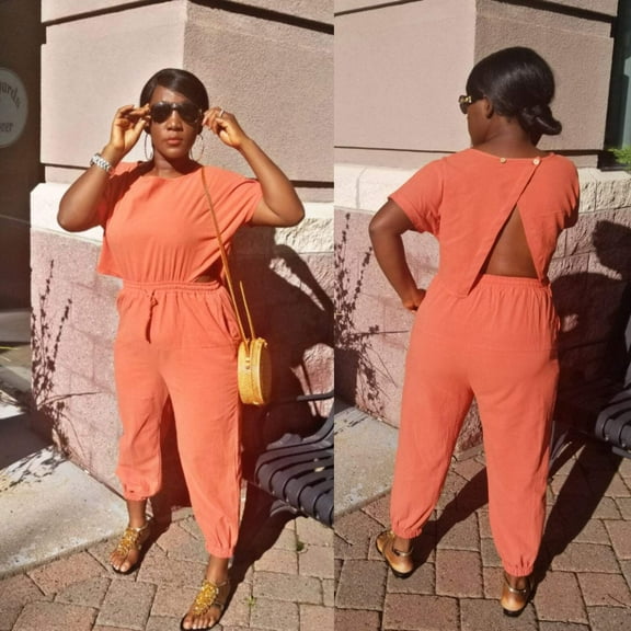 Willow Linen Split mock neck Jumpsuit with wide leg Long Pants Romper| Orange