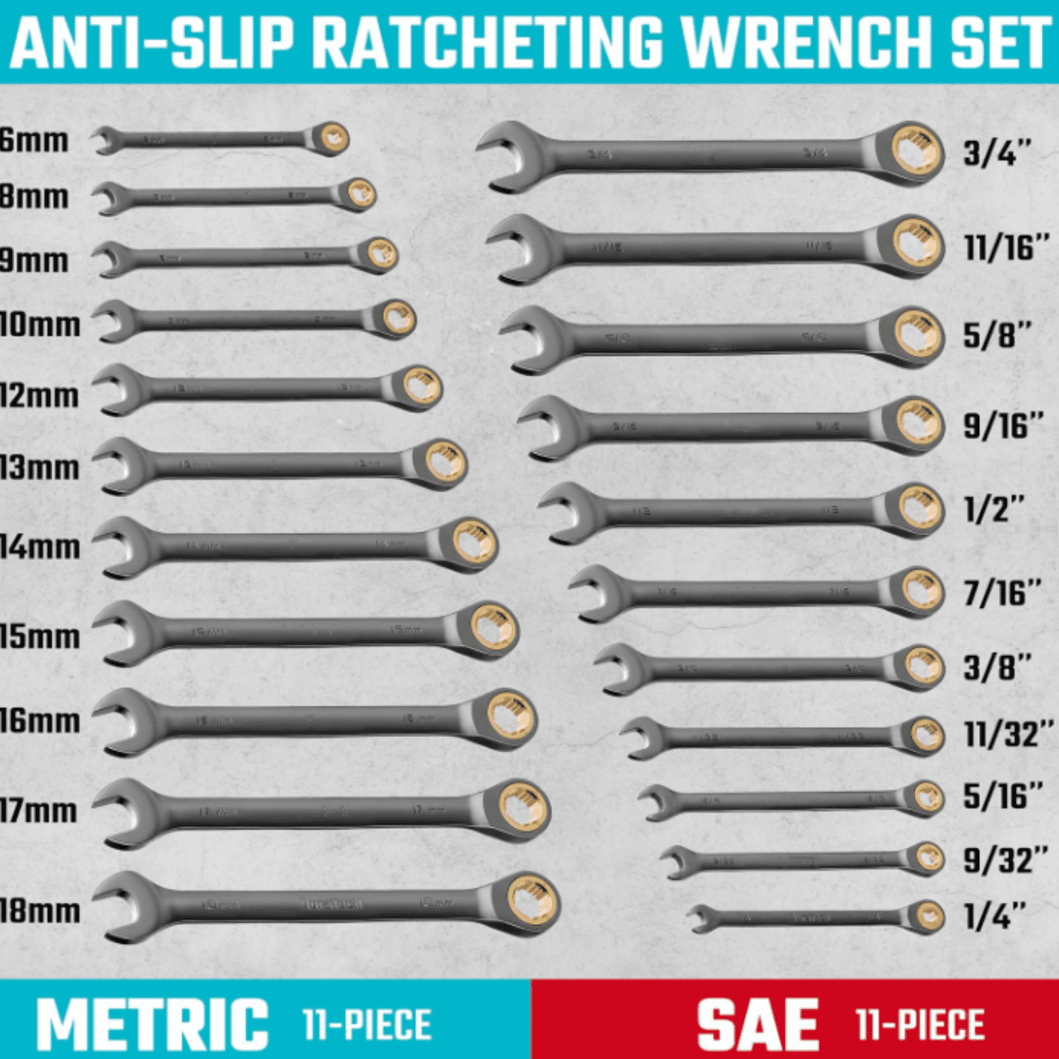 Anti-Slip Ratcheting Wrench Set, Combination Wrench Set, 22-piece, Metric & SAE, 1/4" to 3/4" & 6-18mm, 72-Tooth, CR-V Steel, Nickel Plating, with Pouch