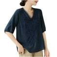 thumbnail image 5 of Wiyuqeen Cotton Linen Tops for Women Elegant Floral Embroidery Blouses Dressy Casual Half Sleeve Tunic Tops Loose V Neck Tee Shirts Basic Solid Tees, 5 of 6