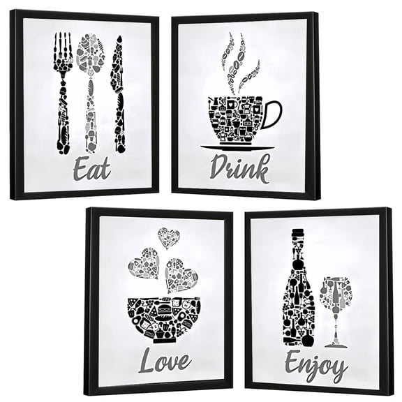 Eat Drink Love Enjoy Canvas Unframed Art Set Kitchen Wall Decor, Food & Drink Themed, Inspirational Quotes, Home Decor, Gifts | With Preinstalled Hanging Hooks 11x14 inch