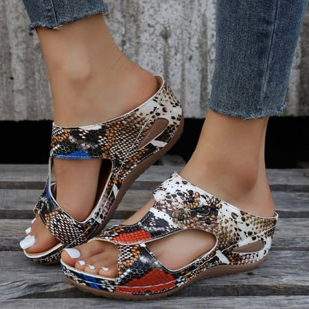

Fashion Summer Women Slippers Thick Bottom Wedge Heel Open Toe Breathable Lightweight Slip On Comfortable Flowers Serpentine Print