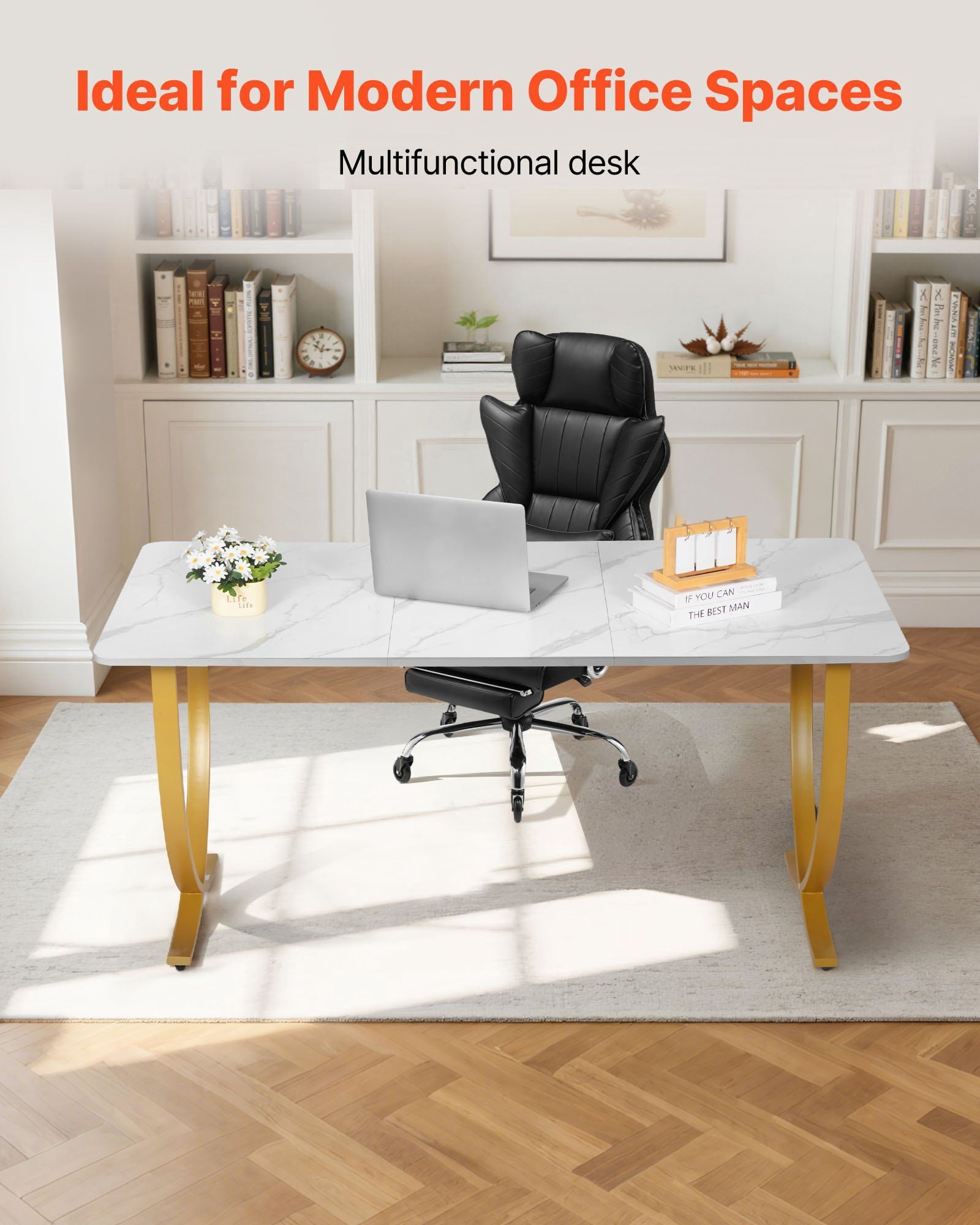 63 Inch Executive Desk Modern Office Computer Table Large Conference Meeting Room Furniture White and Gold