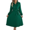 thumbnail image 2 of Women's Dress Long Sleeve Lapel Collar Solid Color Waist Defining Pleated Skirt Midi Dress for Spring Fall,Green,L, 2 of 8