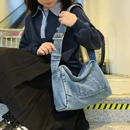 Zhengup Denim Shoulder Bag Adjustable Strap Jean Trendy Hobo Bag Vintage Satchel Purse Everyday Purse for Women and Girls