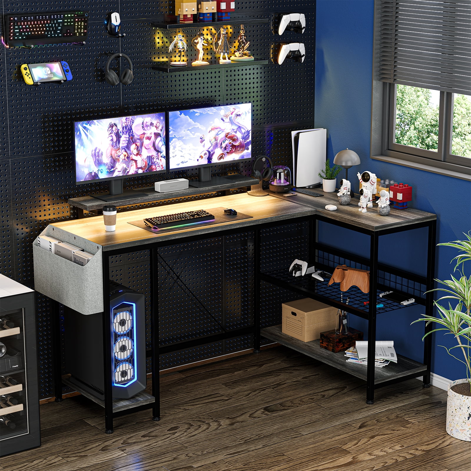 L Shaped Desk, Computer Gaming Desk with Power Outlet & Led Light, Reversible Corner Desk with Monitor Stand & Storage Shelves, Storage Bag for Home Office