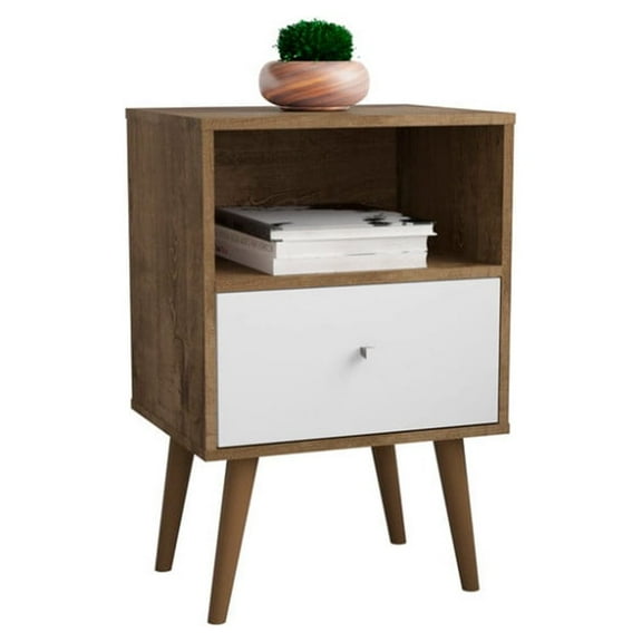 Manhattan Comfort Liberty Mid Century - Modern Nightstand 1.0 with 1 Cubby Space and 1 Drawer in Rustic Brown and White