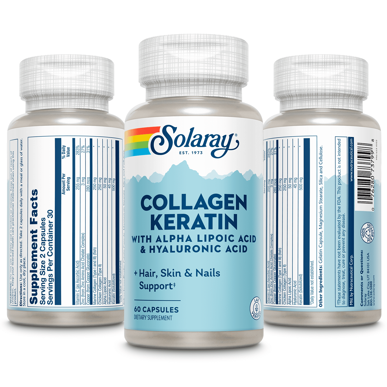 Solaray Type I, II & III Collagen Keratin | ALA & Hyaluronic Acid | Hair, Skin & Joint Health Support, 60 Caps, 30 Serv.