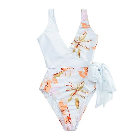 YUEHAO Womens Swimsuits Women s One-Piece Swimsuit Women s Solid Color Striped Floral Swimsuit Strap Bikini (White)