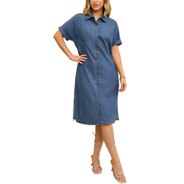 INSPIRE CHIC Vestido de Camisa de Mezclilla para Mujer, Manga Corta, Con Botones, Casual, Midi, Azul XL