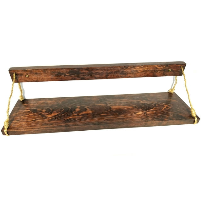 Repisa Flotante de Madera Natural Solida de Pino y Cuerda de Henequén, Color Rojo Caoba Genérico Con cuerdas