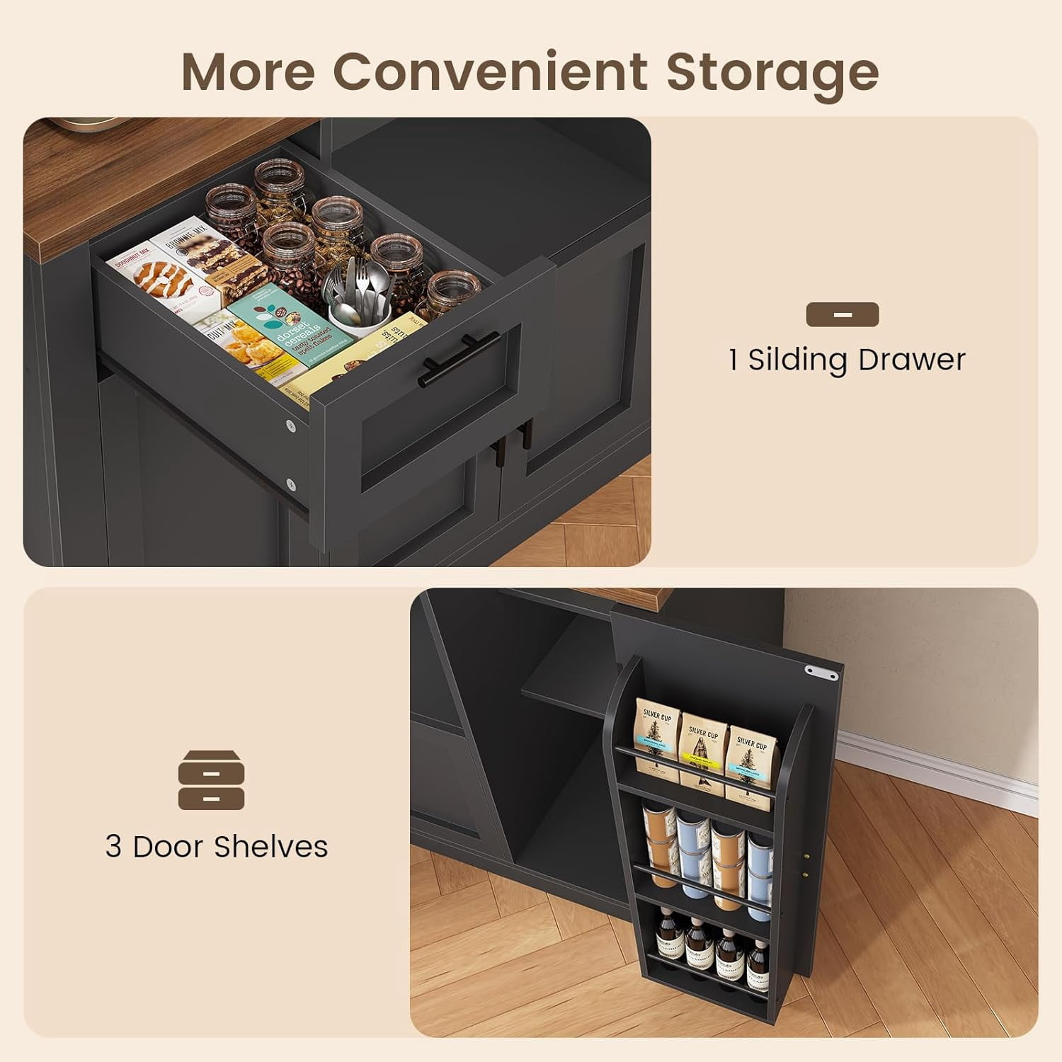 Farmhouse Pantry Cabinet, Tall Kitchen Pantry Storage Cabinet with Power Outlets & Microwave Stand, 47.3" Wide Large Kitchen Cabinet with Drawer, Storage Cart & 3 Door Shelves for Dining Room, Black