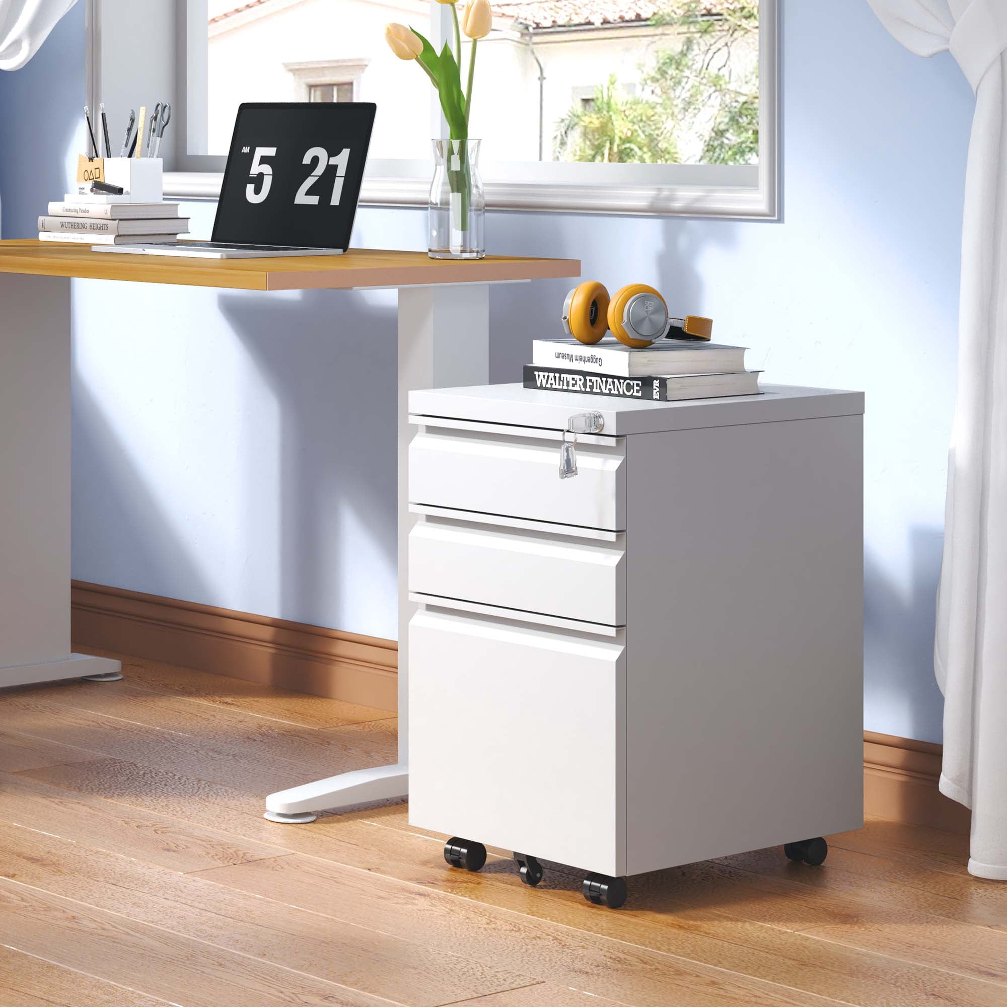 IKIMI 3 Drawer Metal Mobile File Cabinet Under Desk Vertical File Cabinet with Lock on Wheels Office Rolling Storage Cabinets for Legal/Letter/A4 File Fully Assembled