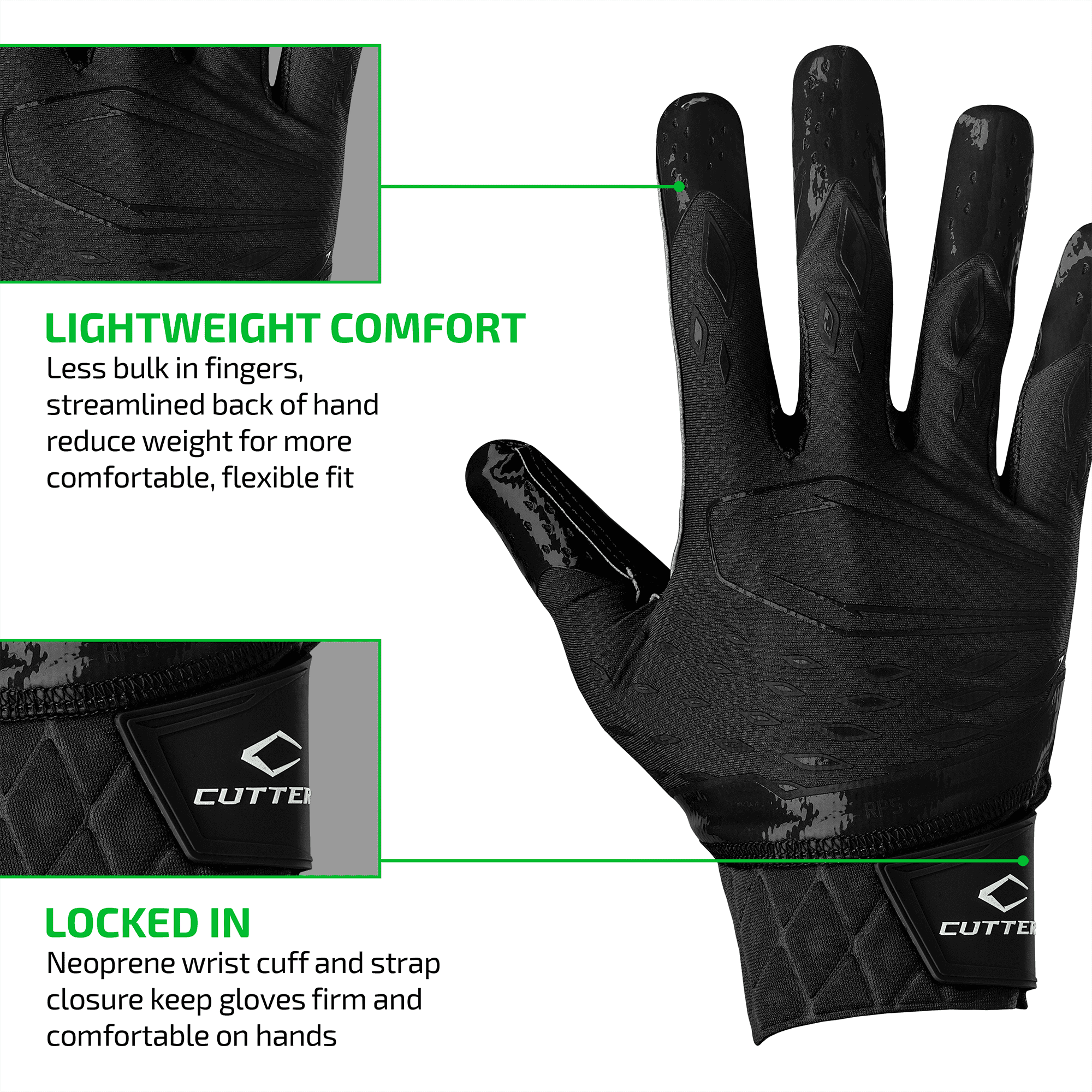 Cutters, Rev Pro 5.0 Football Receiver Gloves, Adult, XL, Solid Black