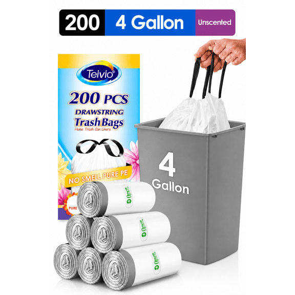 4 Gallon 200 Counts Strong Drawstring Trash Bags Garbage Bags by Teivio, Bathroom Trash Can Bin Liners, Small Plastic Bags for home kitchen office, White