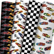 ZINTBIAL Race Car PriNst Wrapping Paper for Kids Birthday - Flames, Checkered Flags, Colorful Racing Cars and Happy Birthday Words Designs - 20 x 29 Inches, 8 Folded Sheets, Easy to Store…