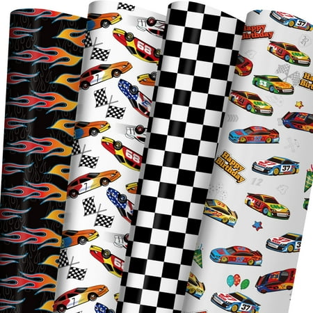 ZINTBIAL Race Car PriNst Wrapping Paper for Kids Birthday - Flames, Checkered Flags, Colorful Racing Cars and Happy Birthday Words Designs - 20 x 29 Inches, 8 Folded Sheets, Easy to Store…