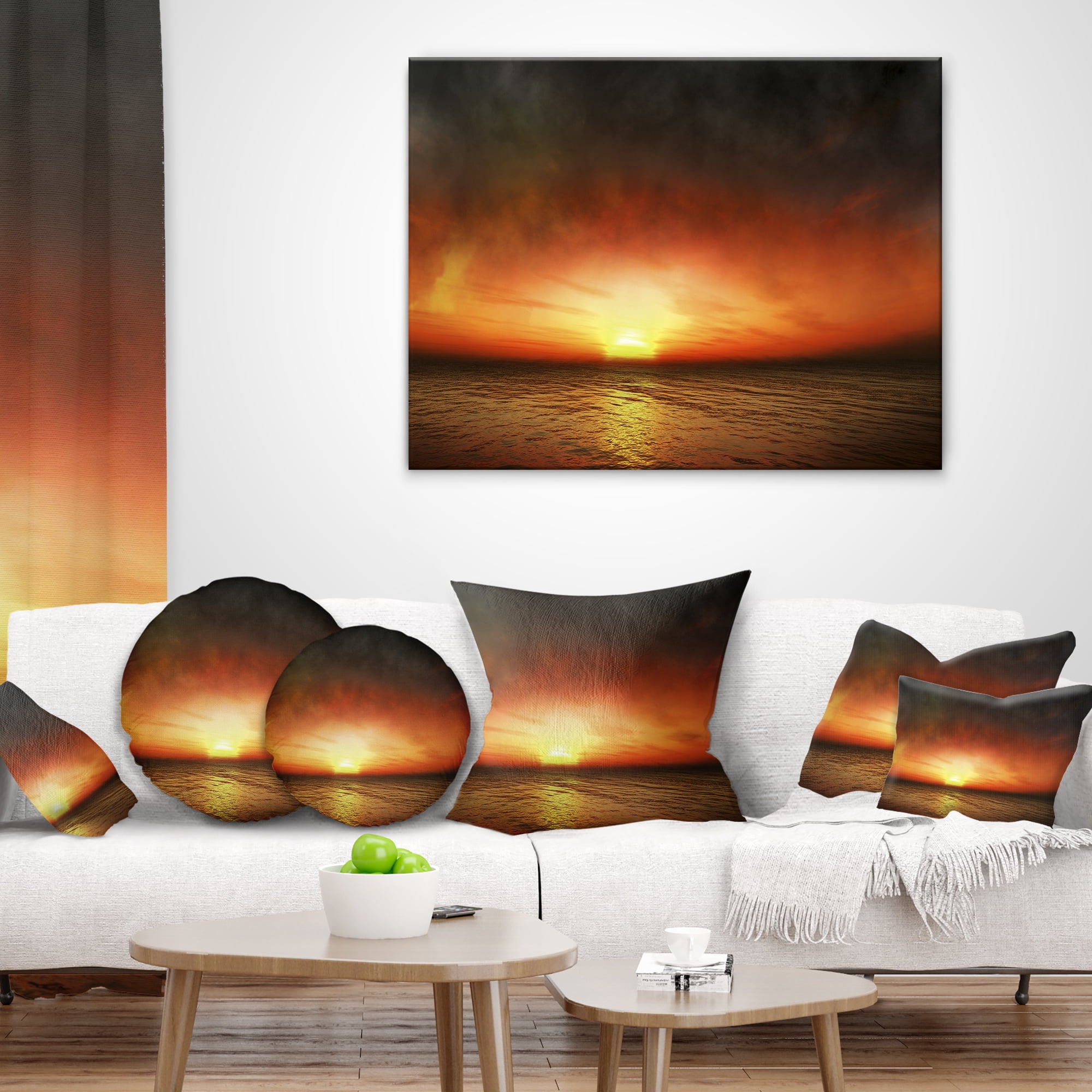 Designart Fiery Sunset Beach under Cloudy Sky - Modern Seashore Throw Pillow - 16x16