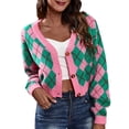 thumbnail image 1 of Women Long Sleeves Open Front Printed Button Down Knitted Sweater V Neck Fashionable Short Coat Outwear, 1 of 6