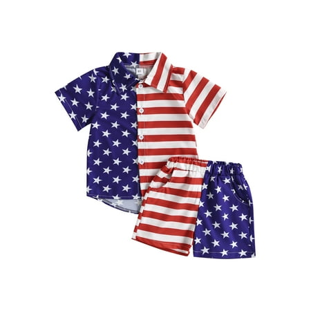 

TFFR Independence Day Baby Boys Suits American Flag Stripe Stars Print Short Sleeve Shirts Shorts 2Pcs Set