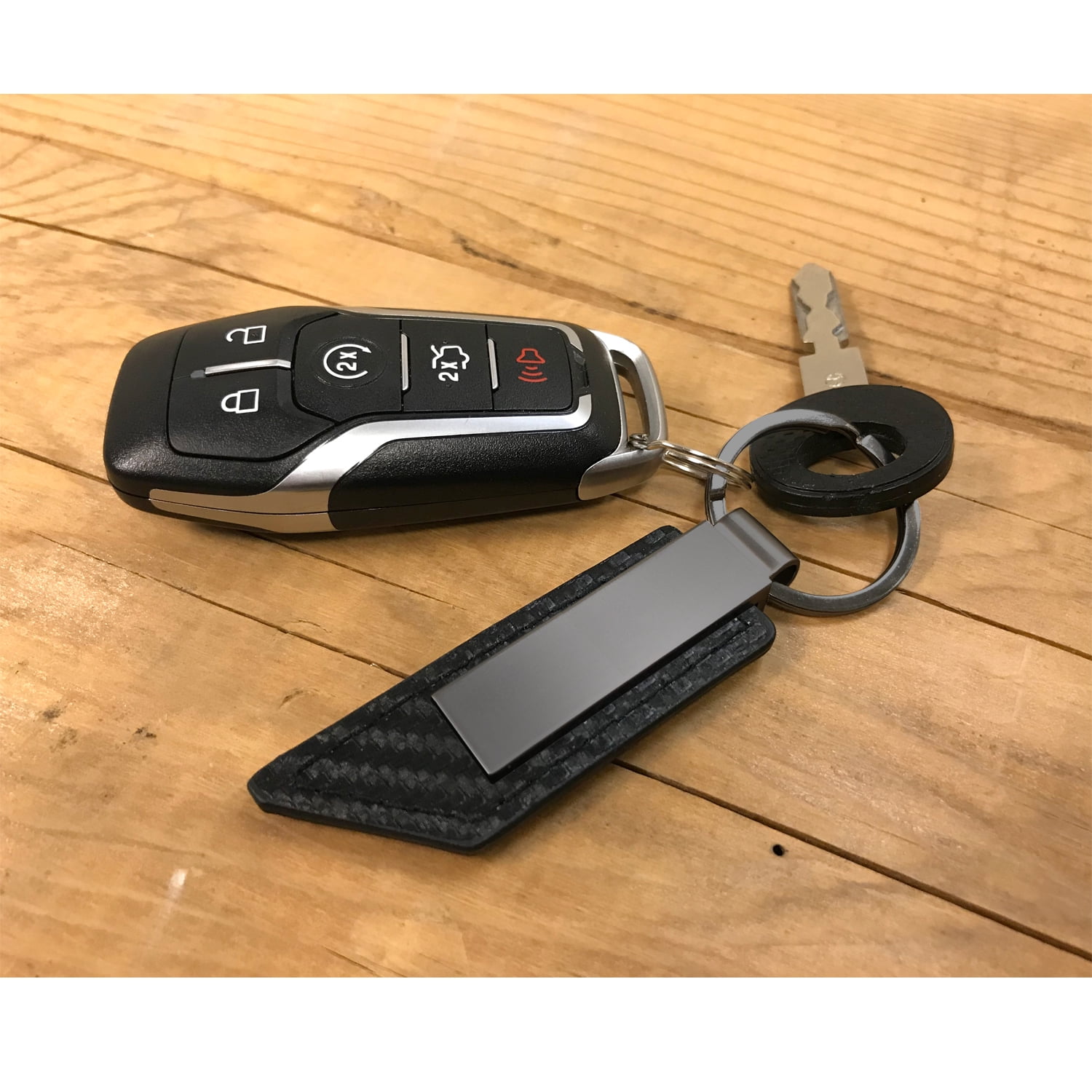 Dodge Charger Black PU Leather Carbon Fiber Texture Strap Black Metal Bar LED Printed Logo Key Chain