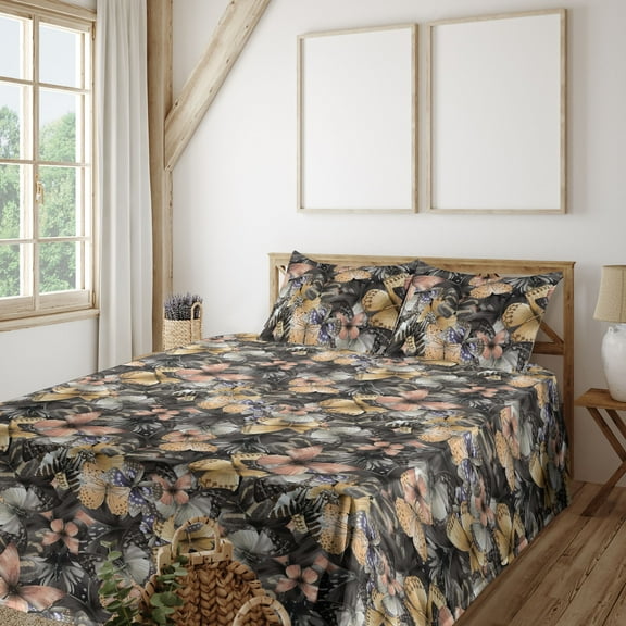 Ambesonne Spring Fitted & Flat Sheet with Shams 4 Pcs Set, Grunge Butterflies Pattern, Calking, Warm Taupe and Dark Grey