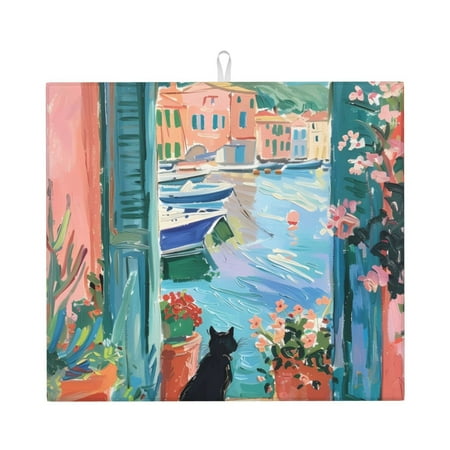 

Vsdgher Coastal Cat By The Window Print Dish Drying Mat Kitchen Counter Mat Dish Drying Pad for Dishes Utensils Pots and Pans 16 x 18