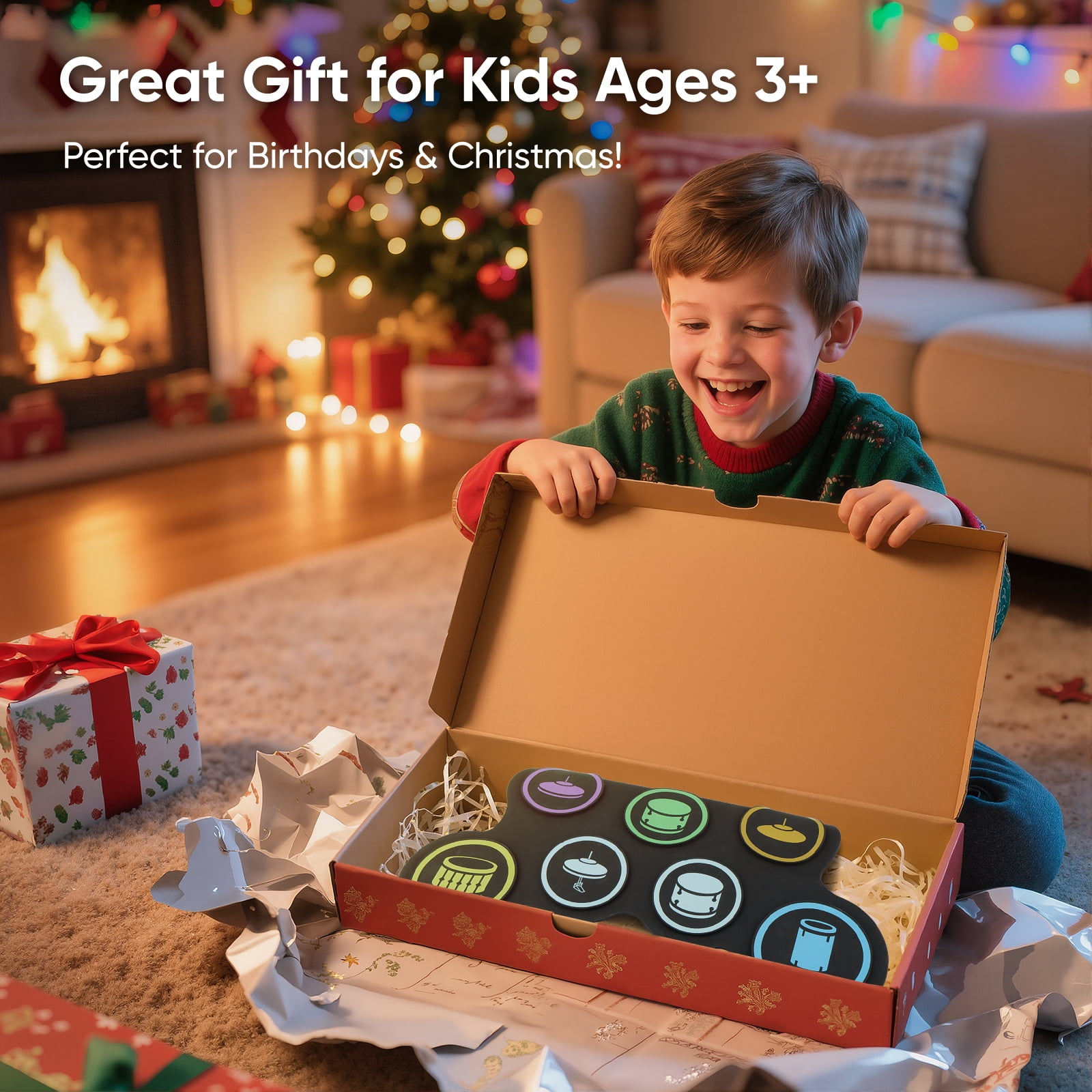 7-Pad Electronic Drum Set for Kids, Portable Electric Drum Kit with Built-in Speaker & Headphone Jack, Kids Drum Set for Beginners Toddlers 3-5 with Pedals & Drumsticks