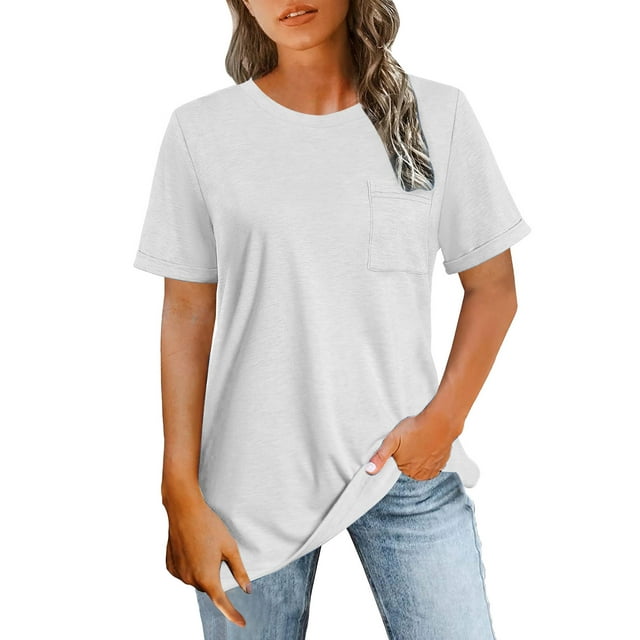 Hyknon Hauts pour Femmes Mode Été Couleur Unie Ample Grande Taille avec Poches Manches Courtes Col Rond Chandail Polyvalent pour Sortir