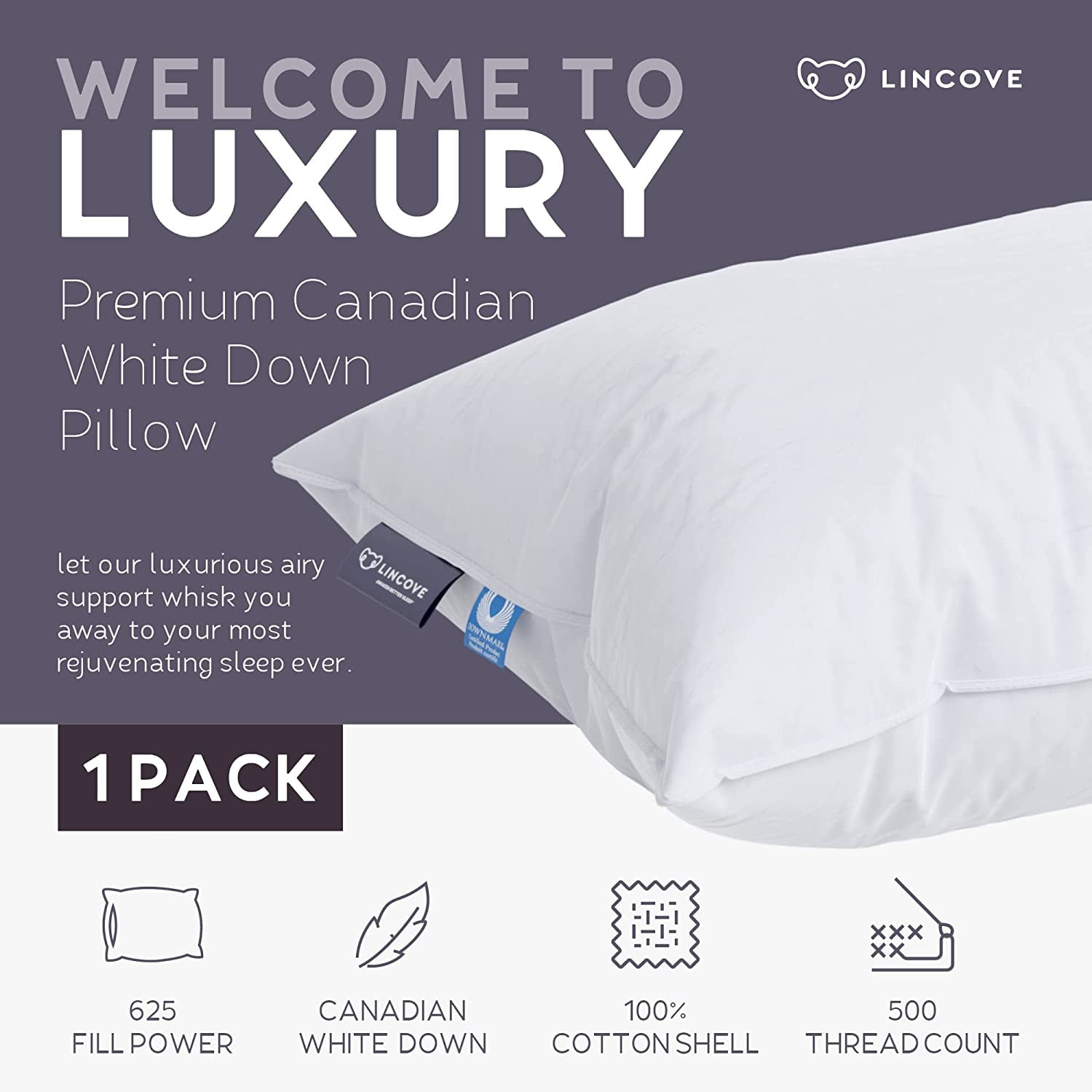 Lincove Cloud Canadian White Down Luxury Pillow, Standard-Size Soft