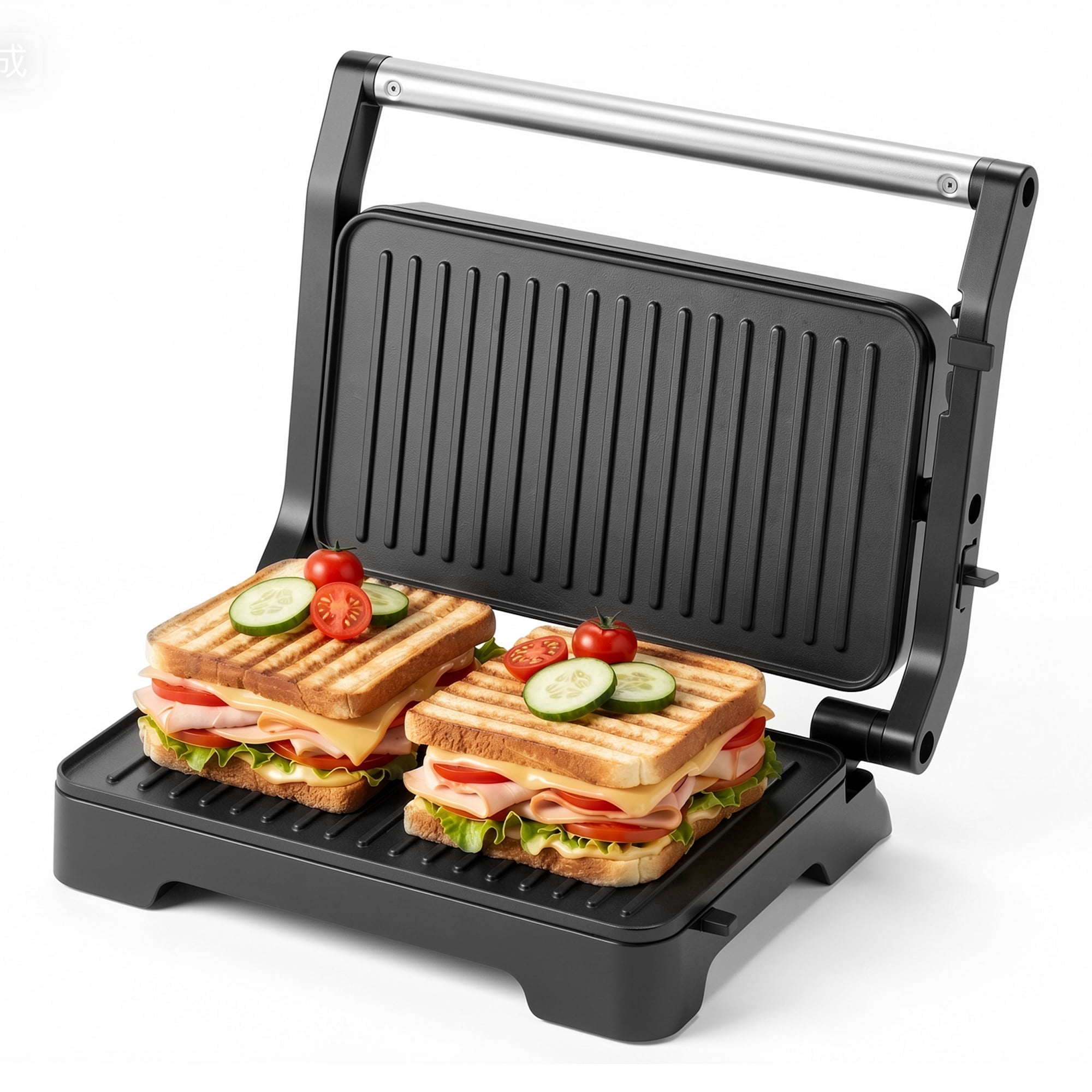 Casualife 1000W Electric Contact Grill & Panini Press, Opens 180 Degrees, Non-Stick Coated Plates, Indicator Lights, Compact Indoor Grill for Home Kitchen