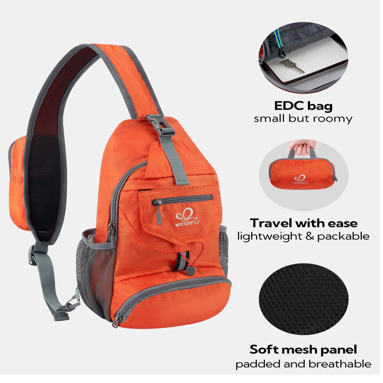 WATERFLY Unisex Small Packable Hiking Travel Sling Cross-Body Shoulder Chest Bag,Orange