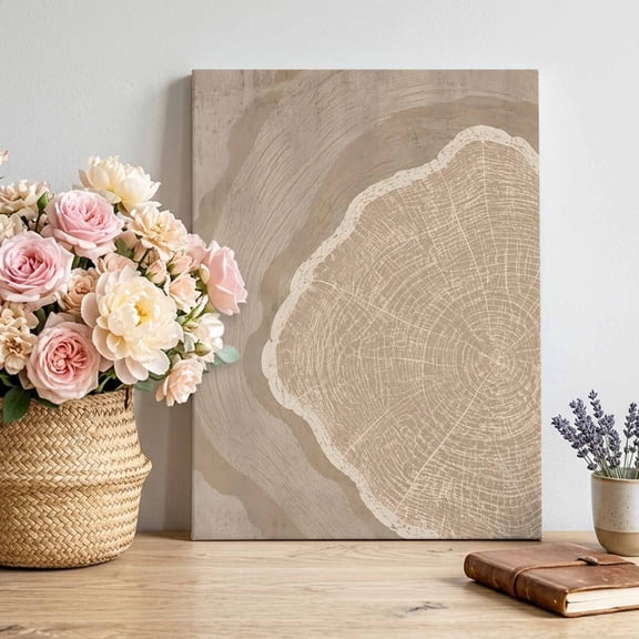 Canvas Wall Art Tree Ring Canvas Art Print Rustic Minimalist Wabi Sabi Taupe Beige Wood Grain Pictures Wall Decor for Living Room Bedroom Artwork Decorations Stretched Framed Ready to Hang 12"x16"