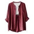 thumbnail image 5 of Hurxie 2 Piece Linen Set for Women Oversized Wrinkle Long Sleeve Button Down Shirts and Drawstring Shorts Beach Outfit Sets Wine,S, 5 of 5