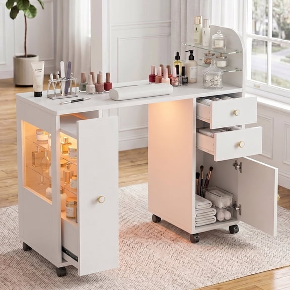 Nail Desk for Nail Tech with Lockable Wheels, Rolling Manicure Table w/LED Light Display Cabinet , Storage Drawers, Dust Collector, Wrist Rest for Beauty Salon, Spa & Home