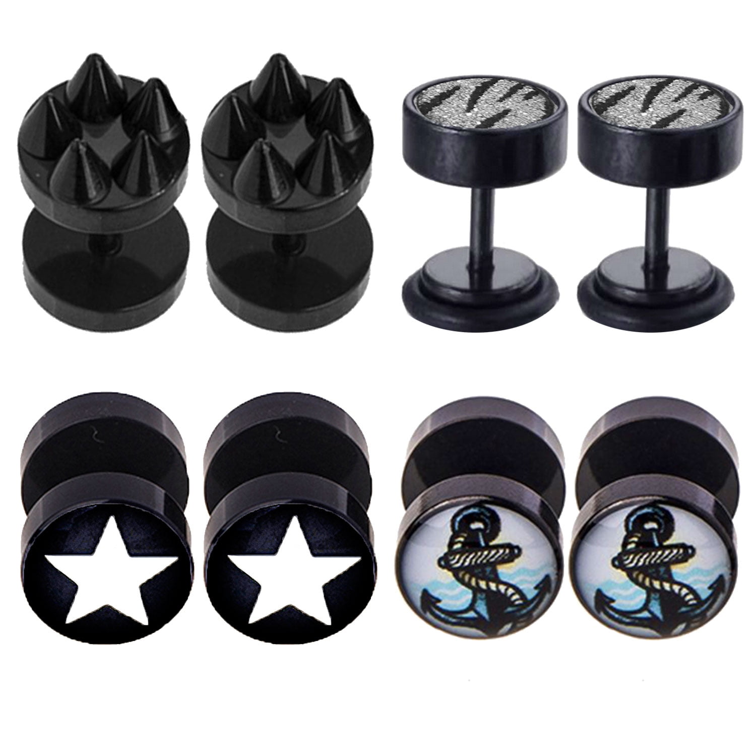 Fake Metal Cheaters Illusion Ear Plugs 16G Black/Silver Look 0G-00G Small 4x 