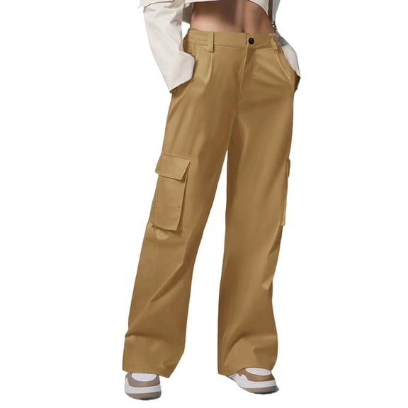 AherBiu Juniors Cargo Pants for Women Elastic Waisted Straight Leg Hiking Casual Loose Fitted Work Cargos with Multi Pockets(X-Large,Khaki)