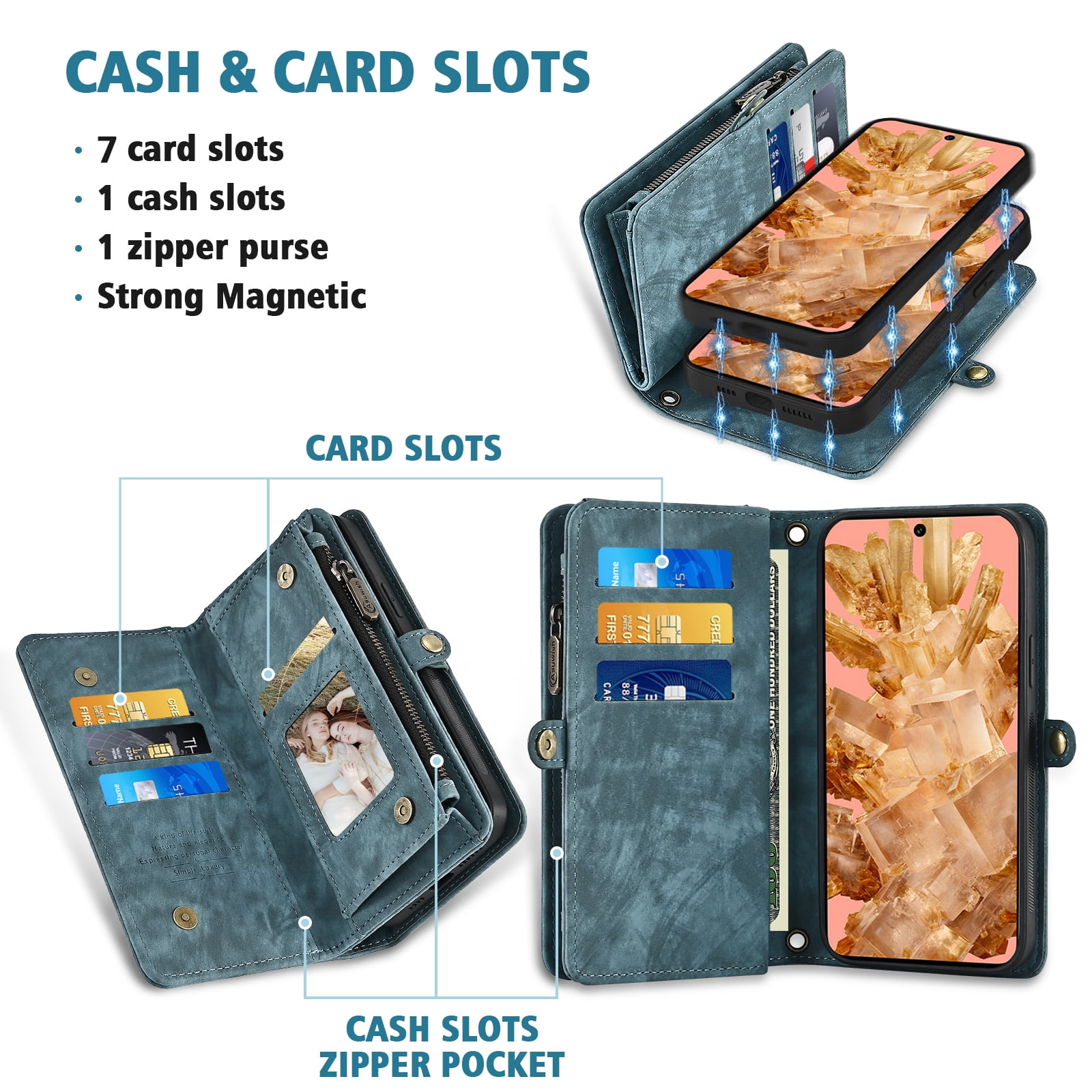Asuwish Compatible with Google Pixel 8 5G Phone Case Zipper Wallet Detachable Tempered Glass Screen Protector Crossbody Lanyard Strap Flip Card Holder Cell Cover for Pixel8 Eight Women Men Girls Blue