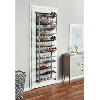 Mainstays 36 Pair Over-The-Door Shoe Closet Organizer Rack for 36 Pairs, 12 Tier, Metal, Gray
