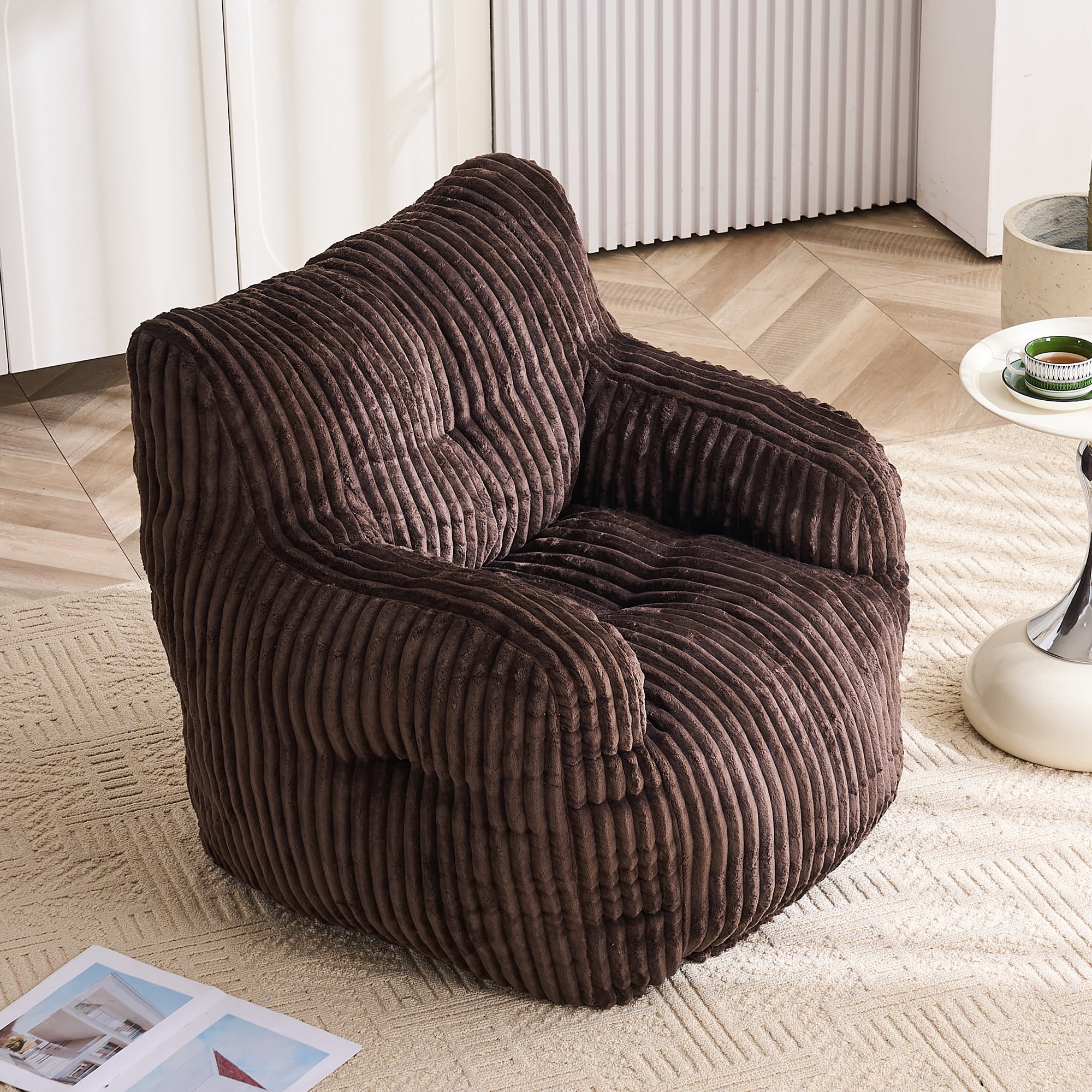 Bean Bag Chair with Filling BeanBag for Adults with Armrest Comfy Corduroy Fabric Lounge Lazy Floor Chair with Memory Foam Filler Fluffy Bean Bag for Dorm Living Room Bedroom Brown