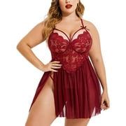 Avidlove Plus Size Lingerie for Women Sexy Strap Lace Chemise Nightgown V Neck Nighty Side Slit Mesh Sleepwear