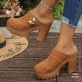 thumbnail image 7 of Rokment Women's Platform Chunky Block High Heels Clogs and Mules Spring Summer Fashion Metallic Buckles Leather Hollow out Closed Toe Lug Sole Heeled Backless Dress Slides Sandals Brown Size 6.5, 7 of 7