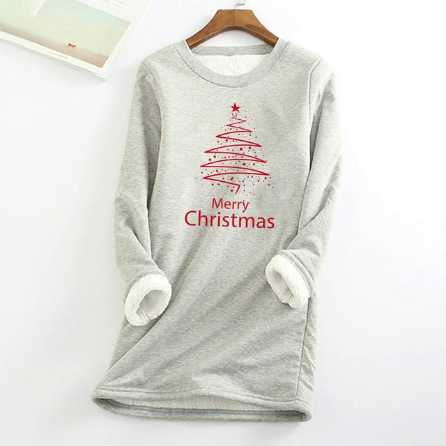 Meichang Chandails en Molleton en Polaire pour Femmes Grande Taille Graphique Arbre de Noël Doublé Sherpa Manches Longues Col Rond Pull Hiver Épais Chaud Hauts de Noël