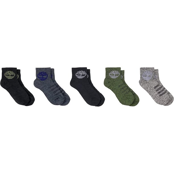 Timberland Boy's 5 Pack Half Cushioned Quarter Socks, Large, Assorted